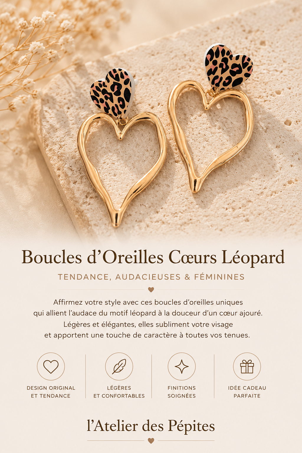 Boucles d'oreilles Cœurs Léopard Dorés