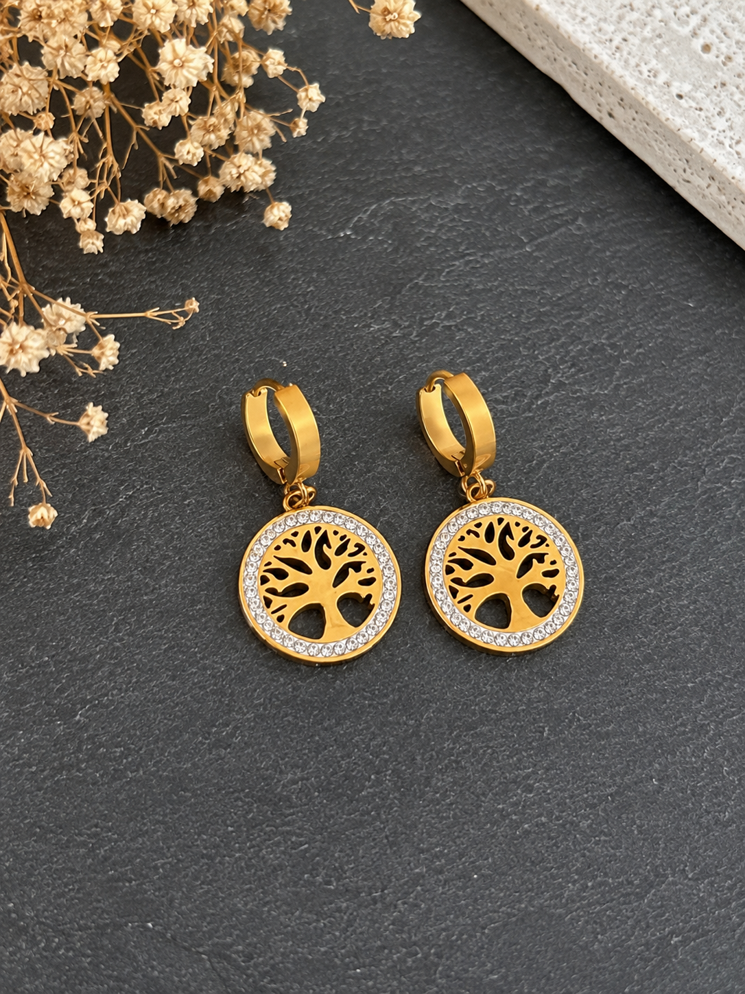 Boucles d'oreilles Arbre de Vie – Acier inoxydable doré ✨