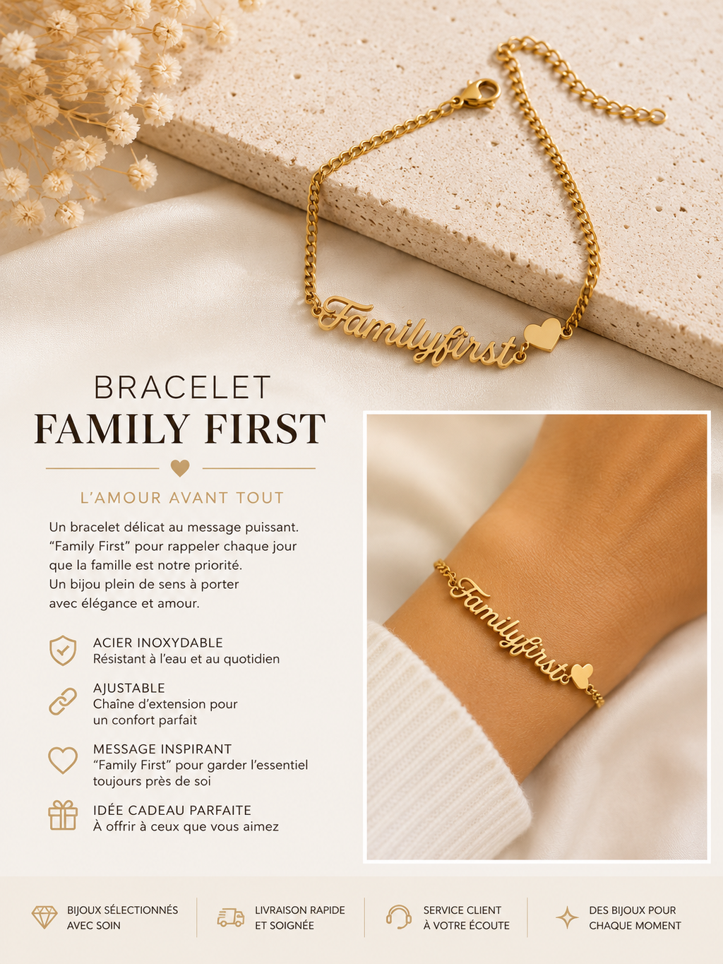 Bracelet Carpe Diem/Familyfirst – Acier Inoxydable Doré