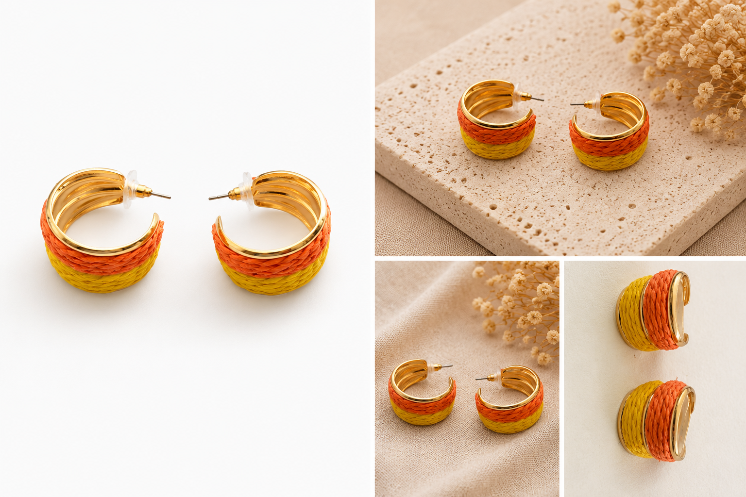 Boucles d'oreilles en raphia bicolores – Rose/Fuchsia & Jaune/Orange