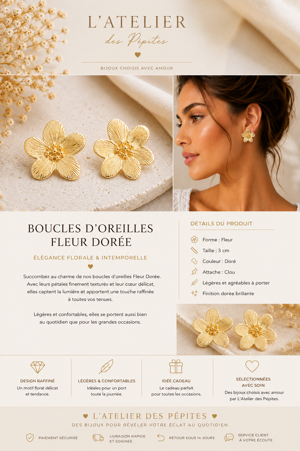 ✨ Boucles d'oreilles Fleur Dorée – L'Atelier des Pépites
