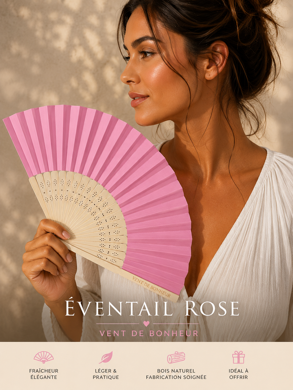 Éventail en Bois Rose – Vent de Bonheur et Fraicheur Artisanale