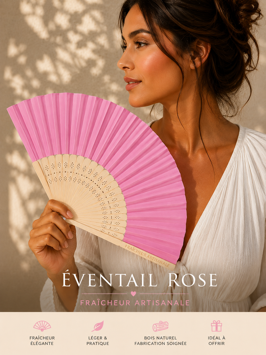 Éventail en Bois Rose – Vent de Bonheur et Fraicheur Artisanale